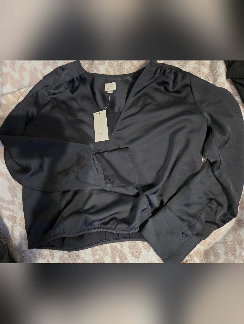 a new day Black V-Neck Long Sleeve Satin Blouse